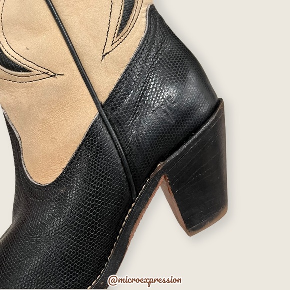 1980s Frye Vintage Black Cream Lizard Cow Leather Pull On Western Cowboy Boot